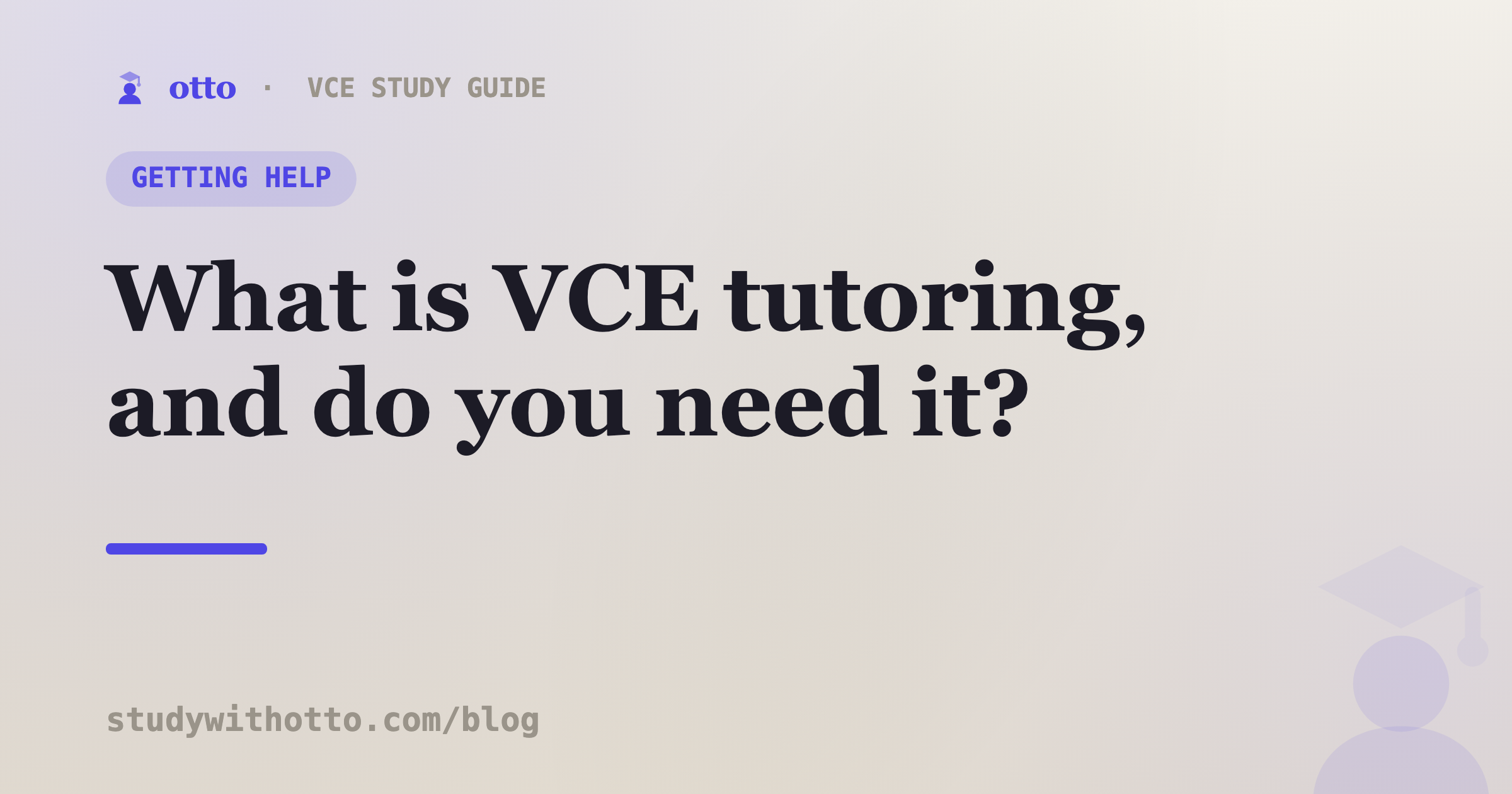 A student and tutor at a desk with a question mark, illustrating what VCE tutoring is, on a cream background