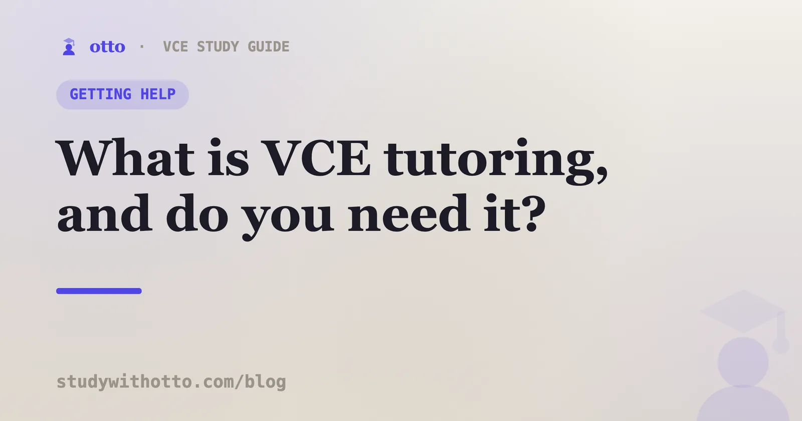 A student and tutor at a desk with a question mark, illustrating what VCE tutoring is, on a cream background