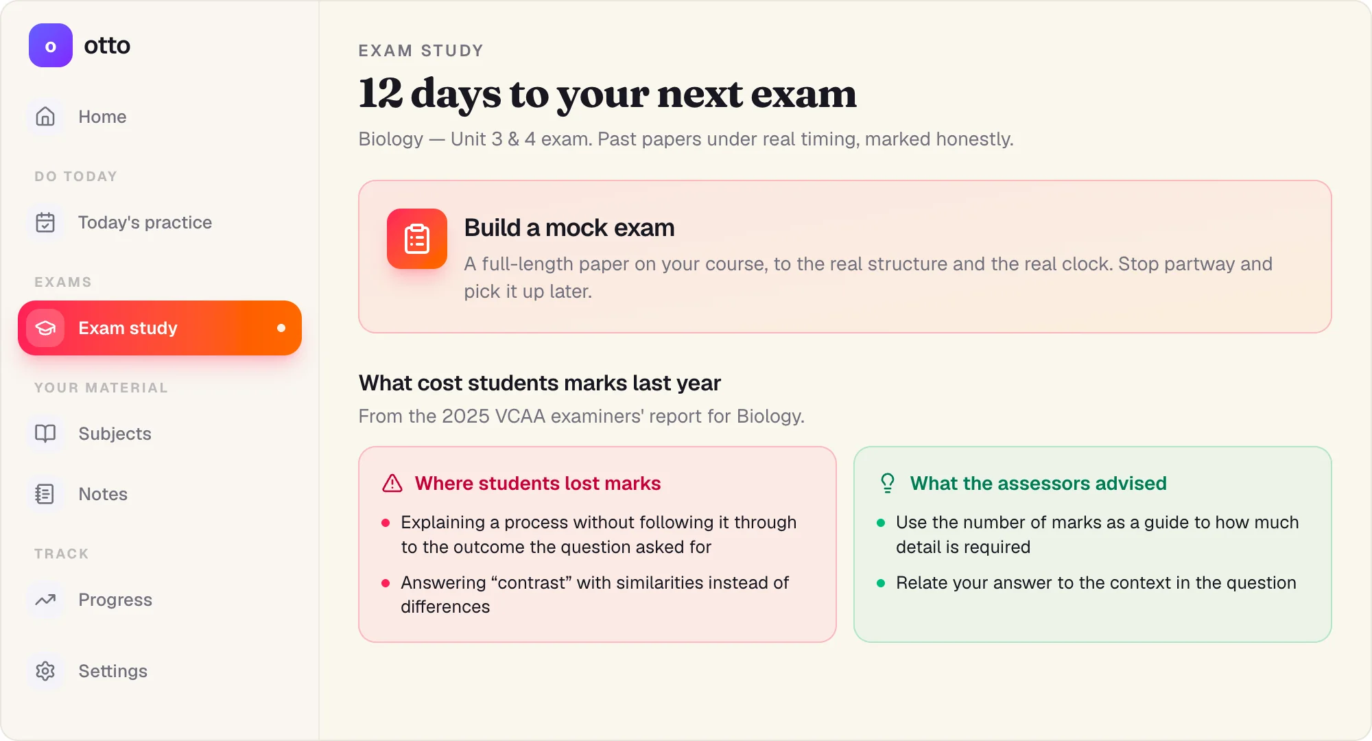 otto's exam study screen: a countdown to the next exam, a mock exam builder, and what VCAA assessors said cost students marks last year