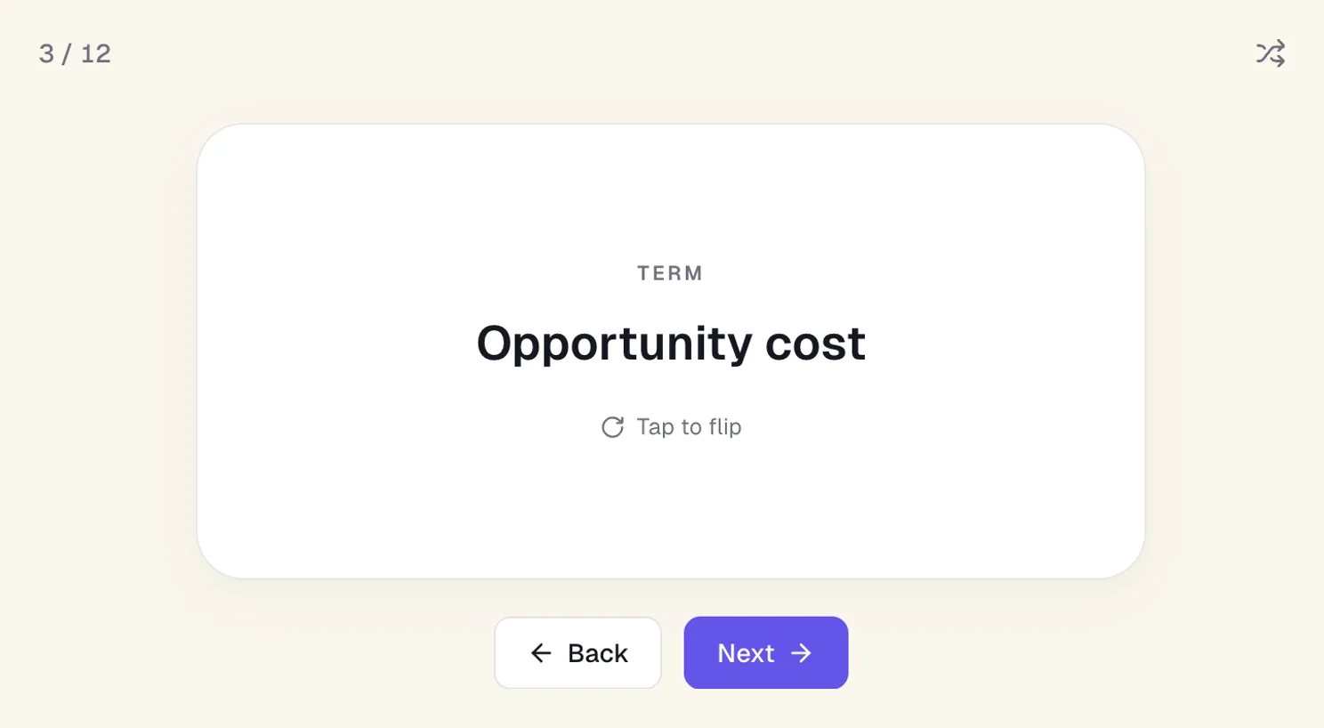 An otto flashcard on a term, ready to flip, with a progress counter and next control