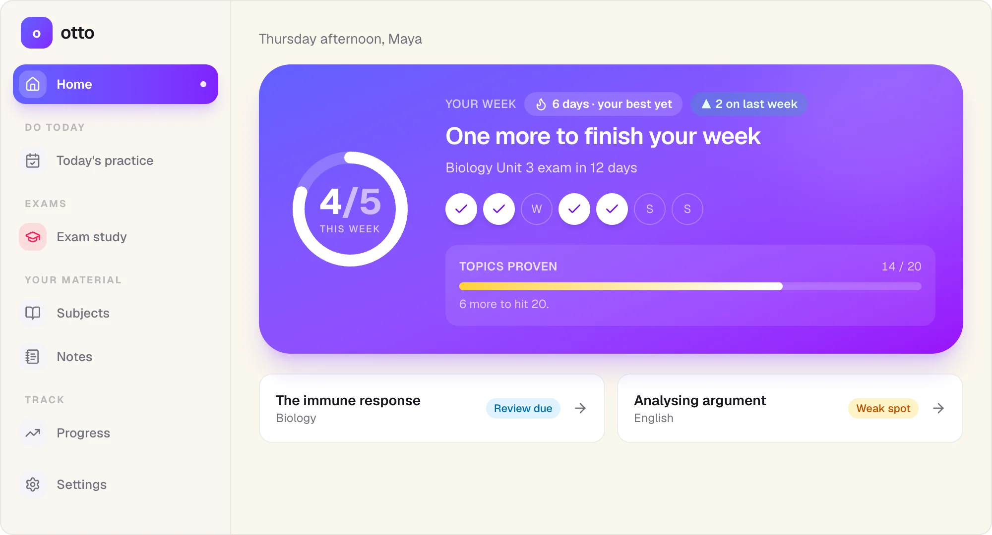 otto's home screen: the week's sessions, a streak, and topics proven for a student