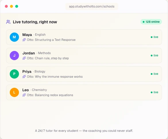 otto giving live, 24/7 tutoring to multiple students across different subjects at once