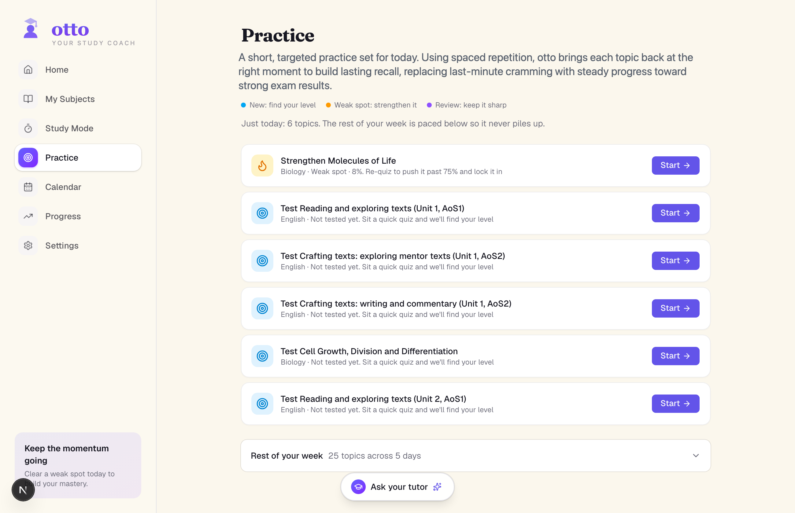 A student's planned practice sessions in otto, with weak spots and the week paced out