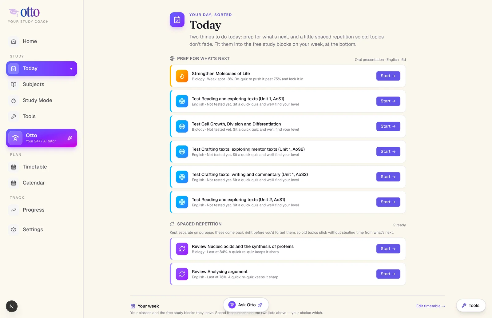otto's Today screen with a short VCE study plan built from the student's weakest topics