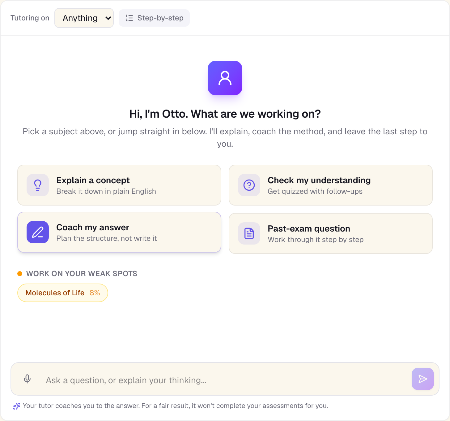 The otto AI tutor: grounded in a subject, with guided modes and shortcuts to a student's weak spots