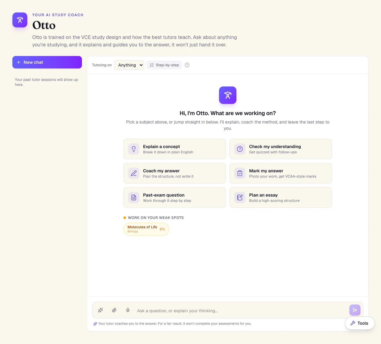 The otto AI tutor coaching a VCE student to the answer and explaining the concept step by step